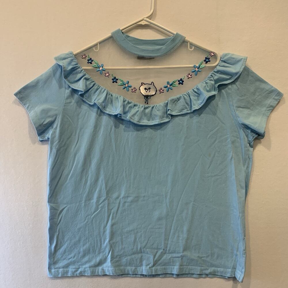 Lazy Oaf Grumpy Cat Mesh Ruffle top Tunic Womens Small Powder Blue